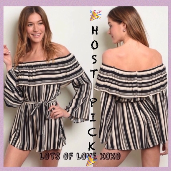 Pants - BLACK TAUPE STRIPE OFF THE SHOULDERS LINED ROMPER
